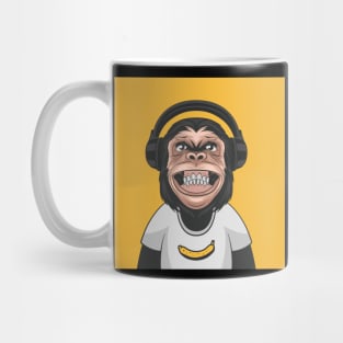 funny smiling chimpanzee ape with headphones and banana Mug